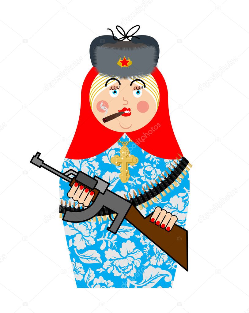 Military Matrioshka with gun. New Russian folk Nested doll. Nati