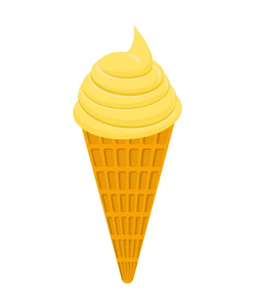 Gele kegel ijs smaak mango. Dessert wafel cup. Zoetheid — Stockvector