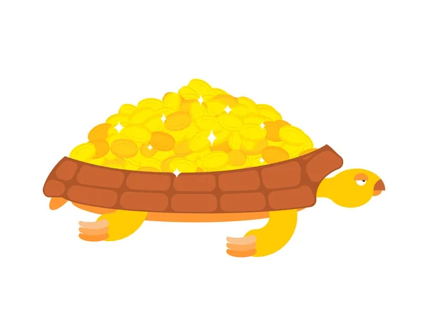 Золотая черепаха носит золотые монеты. Драгоценности на ракушке — стоковый вектор