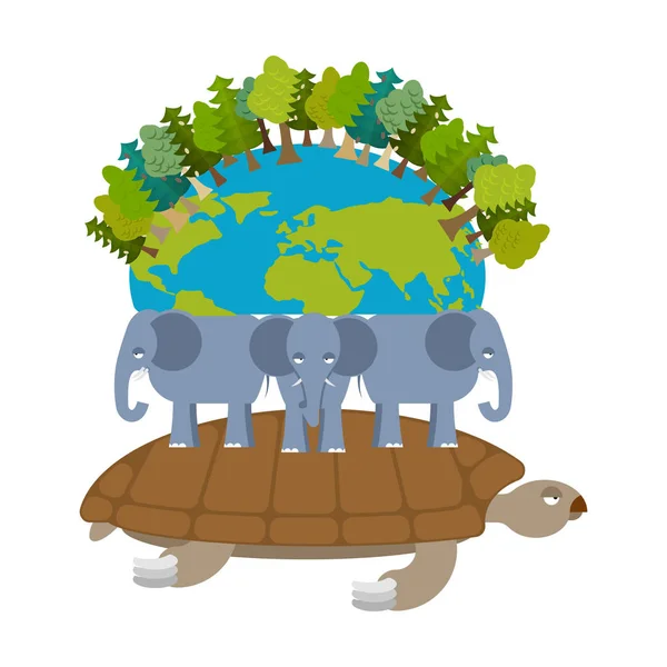 Mythological planet earth. turtle carrying elephants. Ancient re — Stock Vector
