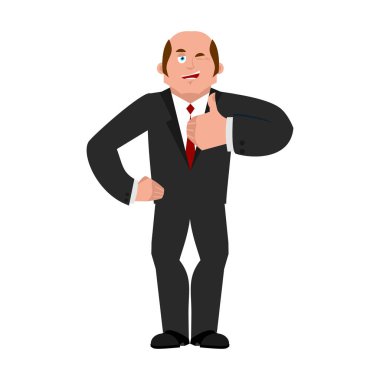 İşadamı Göz kırpmalar ve yukarı de gösterir. Sırayla işarettir. Mer