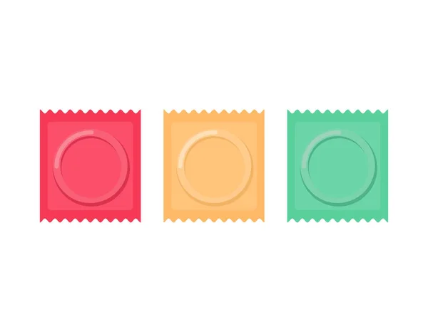 Conjunto de cor preservativo embalado isolado. Contraceptivo no backgro branco —  Vetores de Stock