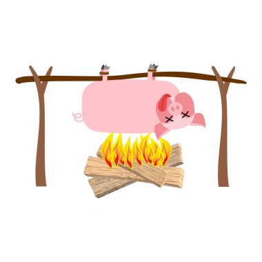 Grilled pig meat on spit. Roasting pork. BBQ piglet clipart