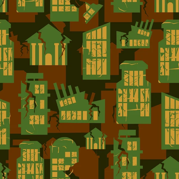 Destroyed Buildings seamless military pattern. city house khaki — Stock Vector