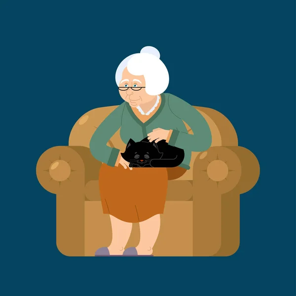Nonna e gatto seduti sulla sedia. Signora gatta della nonna. nonna a — Vettoriale Stock