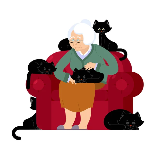 奶奶和猫咪坐在椅子上。奶奶的猫夫人。奶奶 — 图库矢量图片
