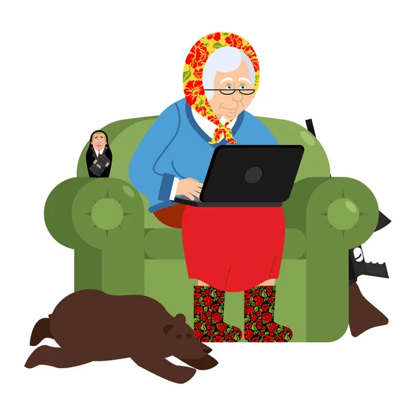 Russo hacker Avó e laptop. velha mulher em uma poltrona —  Vetores de Stock