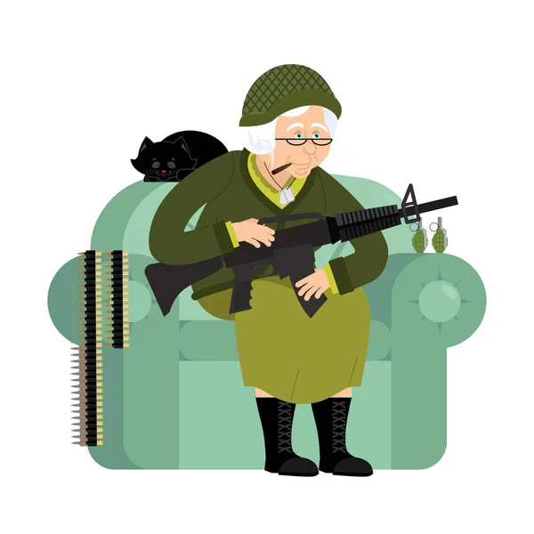 Militaire grootmoeder met pistool. Leger oude vrouw in een leunstoel wit — Stockvector