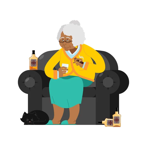 Afro-americana Abuela bebe alcohol Humo puro. viejo wom — Vector de stock