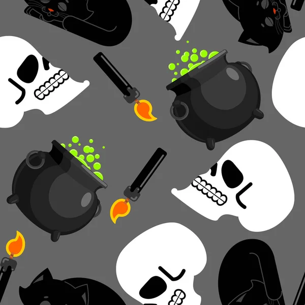 魔女のパターンの魔法の鍋と頭蓋骨、黒猫と sp のキャンドル — ストックベクタ