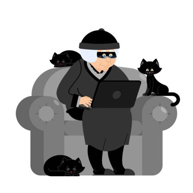 Büyükanne hacker bir koltuk dizüstü bilgisayar ve kedi oturur. Gran