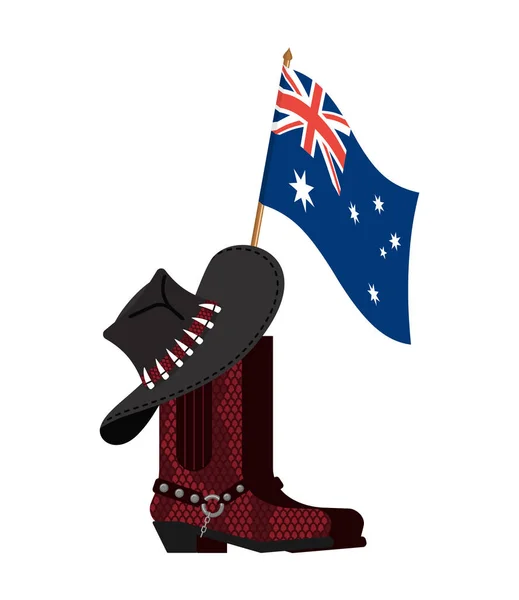 호주 국기와 호주 모자와 악어 스킨 부츠. Cowb — 스톡 벡터