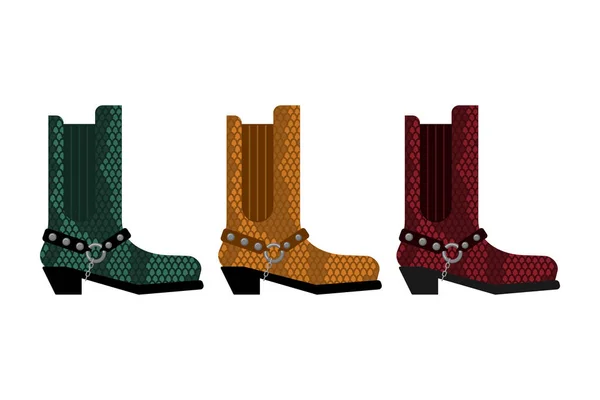 Cowboy boots Set. Australia shoes made crocodile skin — Stock Vector