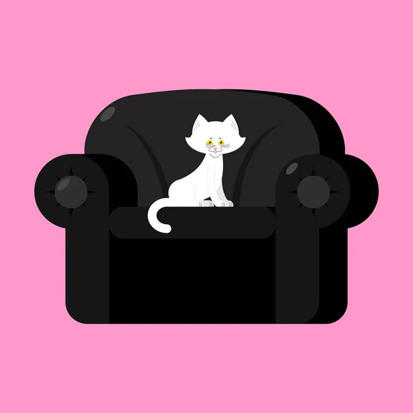 Beyaz kedi siyah koltuk üzerinde. Sandalye üzerinde ev evde beslenen hayvan — Stok Vektör