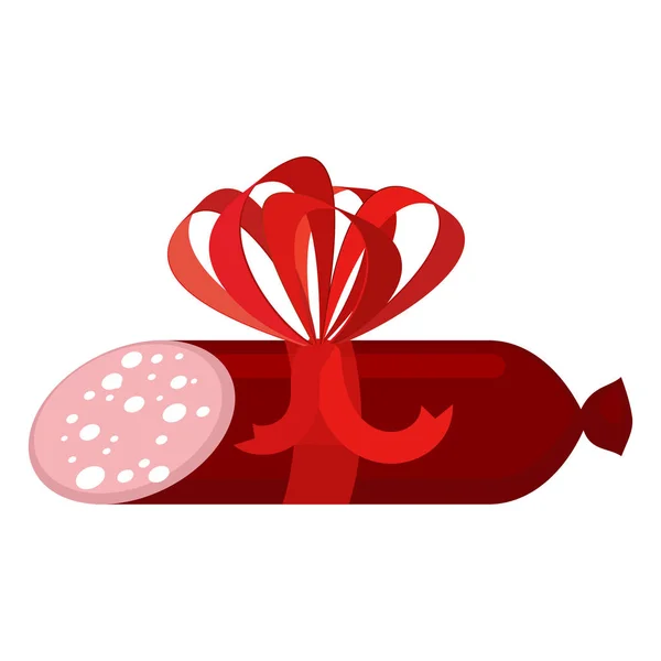 萨拉米香肠礼物红色蝴蝶结。白色背景上的香肠。熏制的德 — 图库矢量图片