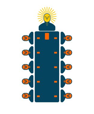 Toplantı ofisi. Yöneticileri masada. ampul patrondur. Yeni fikirler