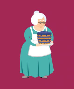 Pasta ile büyükanne. Büyükanne ve böğürtlenli kek. Yaşlı kadın