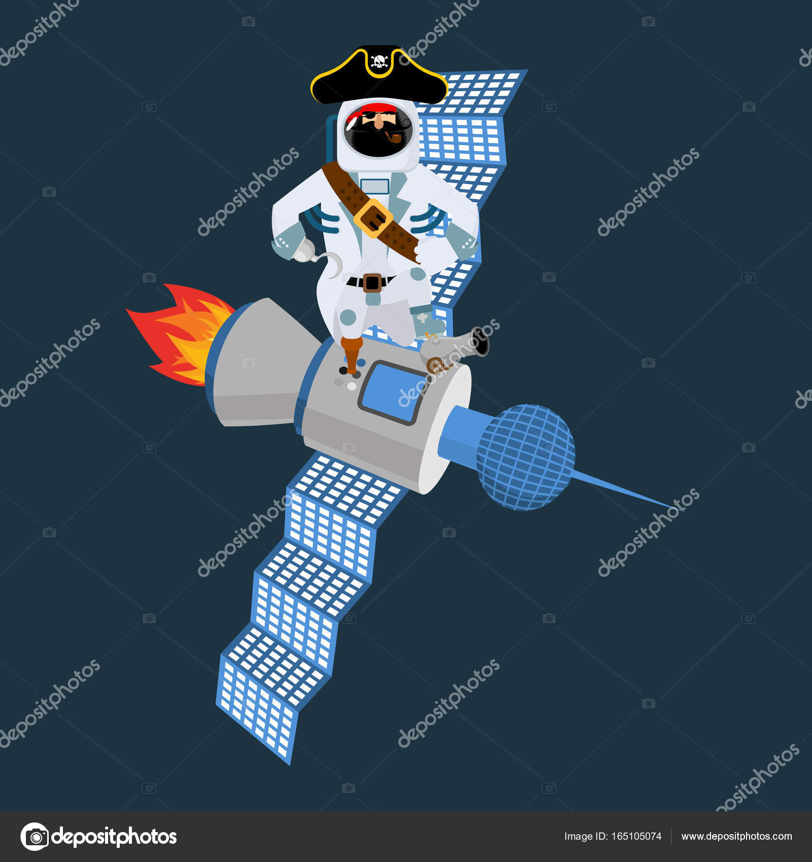Space pirate on satellite. filibuster spaceman. buccaneer Cosmon Stock