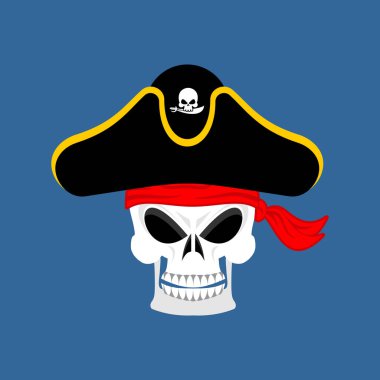 Şapkalı Kafatası Korsanı portresi. Göz bandı. filibuster kap. iskelet
