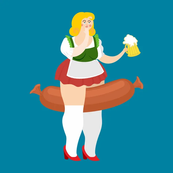 Октоберфест дівчина і ковбаса. Національна фестивалю "Октоберфест" у Німеччині. — стоковий вектор