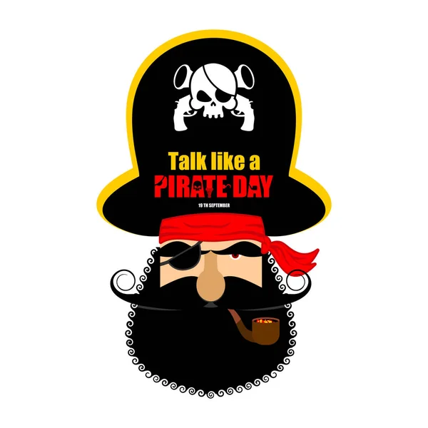 "International Talk Like A Pirate Day". Retrato pirata em chapéu. E — Vetor de Stock