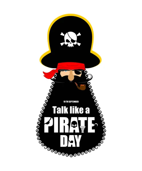 Hablar internacionalmente como un pirata. Retrato pirata con sombrero. E — Vector de stock