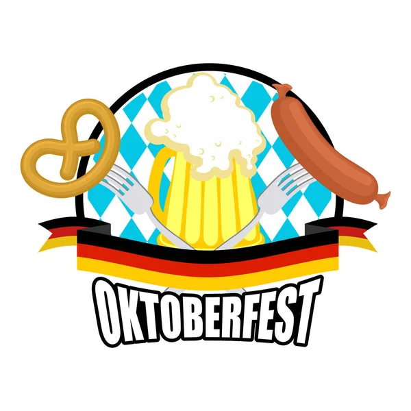 Oktoberfest logo. beer, sausage and pretzel. Sign National Holid — Stock Vector