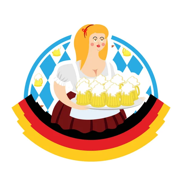 Oktoberfest meisje en bier mok. Nationale bierfestival in Duitsland — Stockvector