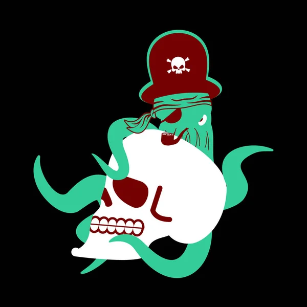 Octopus pirat och skalle. poulpe sjörövare och skelett huvud. Ey — Stock vektor