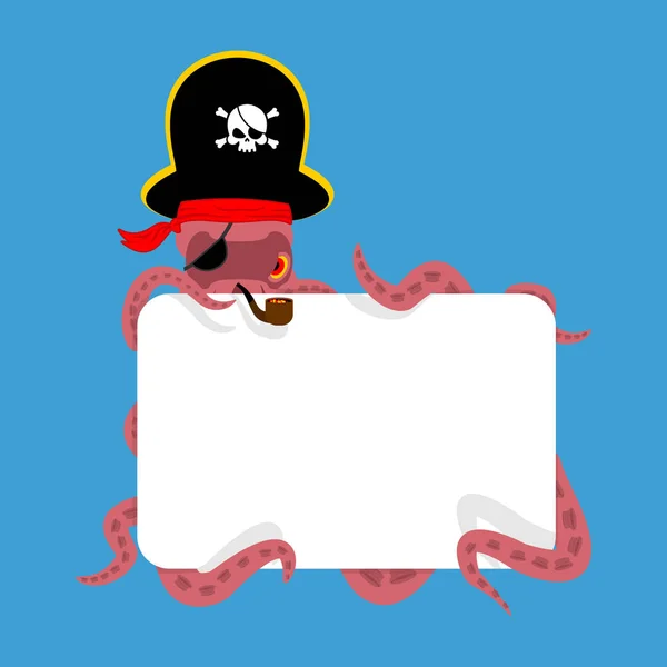 Octopus pirate and blank sign. poulpe buccaneer. Eye patch and s — Stock Vector