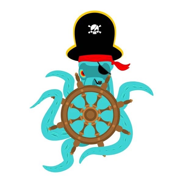 Octopus pirate and Handwheel. poulpe buccaneer and Rudder. Eye p — Stock Vector