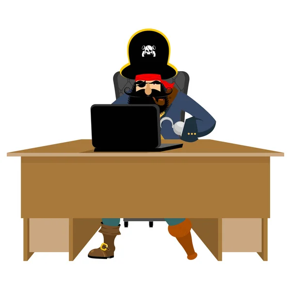 Pirata web e laptop. hacker de internet e PC. buccaneer e com —  Vetores de Stock