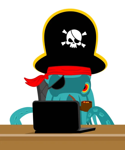 Web pirata Pulpo y portátil. poulpe hacker de Internet y PC. de — Vector de stock