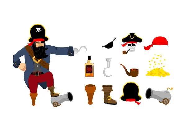 海盗套。海盗的帽子。眼罩和烟管。骨头和 s — 图库矢量图片