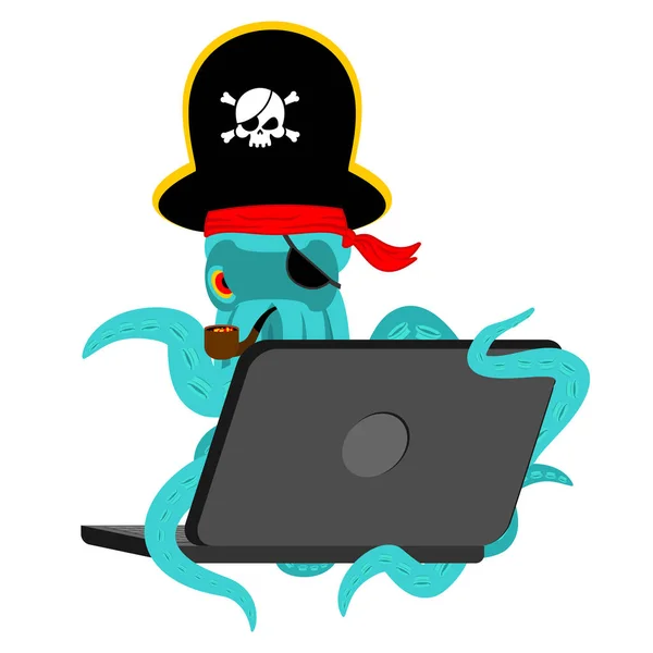 Web kalóz polip és laptop. poulpe internetes hacker és de Pc. — Stock Vector