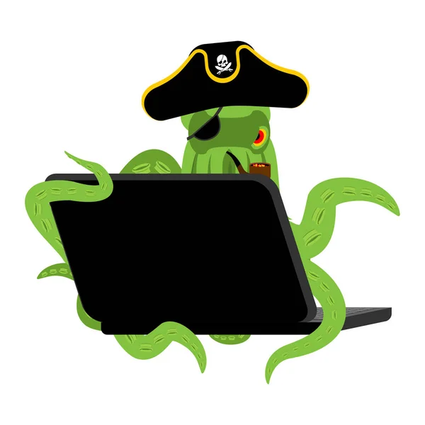 Pirat www ośmiornicy i laptopa. haker internet poulpe i de Pc. — Wektor stockowy