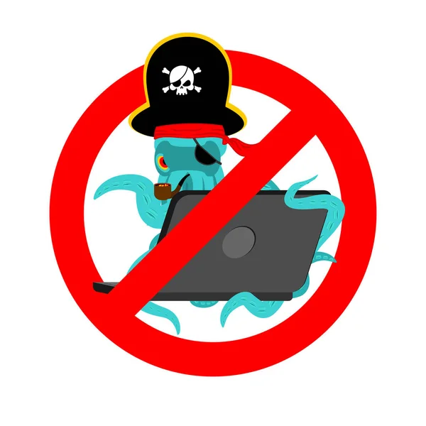 Pare Web pirata Octopus e laptop. Ban sinal de aves de capoeira internet hac — Vetor de Stock