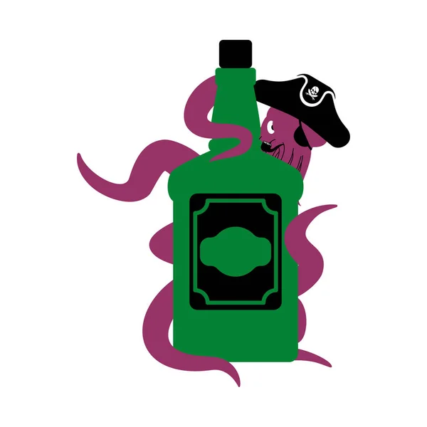 Pieuvre pirate et bouteille de rhum. Poulpe buccaneer et brandy. E — Image vectorielle