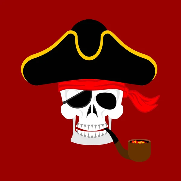 Skull Pirate portrait in hat. Eye patch. filibuster cap. skelet — Stock Vector