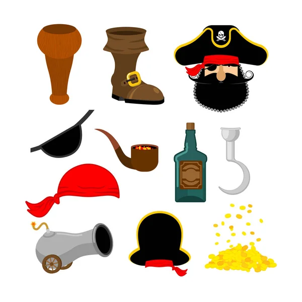 Jeu de pirates. Chapeau de pirate. Patch pour les yeux et pipe à fumer. Os et os — Image vectorielle