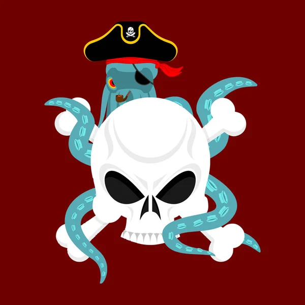 Pieuvre pirate et crâne. Poulpe buccaneer et tête de squelette. Hé ! — Image vectorielle