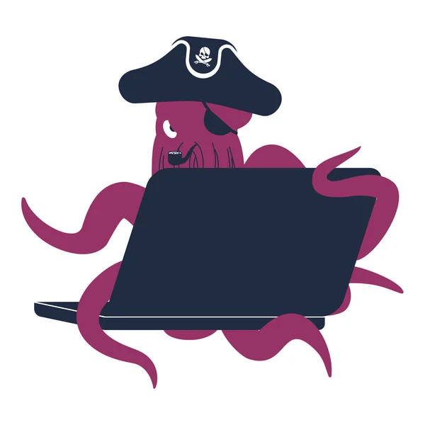 Web піратський восьминіг і ноутбук. poulpe Інтернет хакер і де ПК. — стоковий вектор