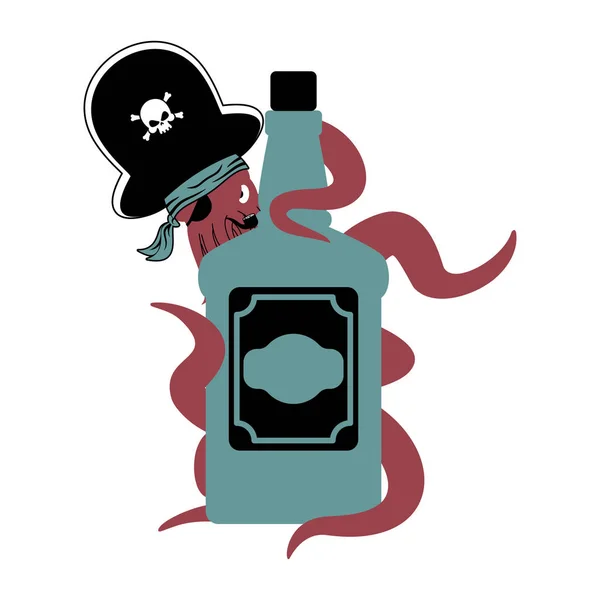 Krake Pirat und Flasche Rum. Poulpe Freibeuter und Brandy. e — Stockvektor