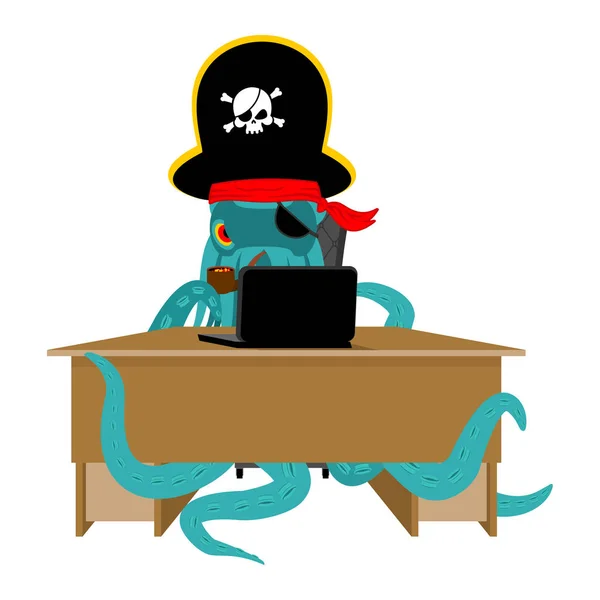 Web піратський восьминіг і ноутбук. poulpe Інтернет хакер і де ПК. — стоковий вектор