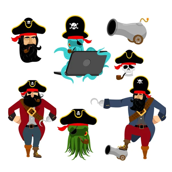 Personagens de jogo pirata. Polvo pirata da Web. bucaneiro com canhão — Vetor de Stock