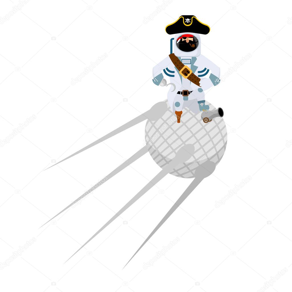 Space pirate on satellite. filibuster spaceman. buccaneer Cosmon