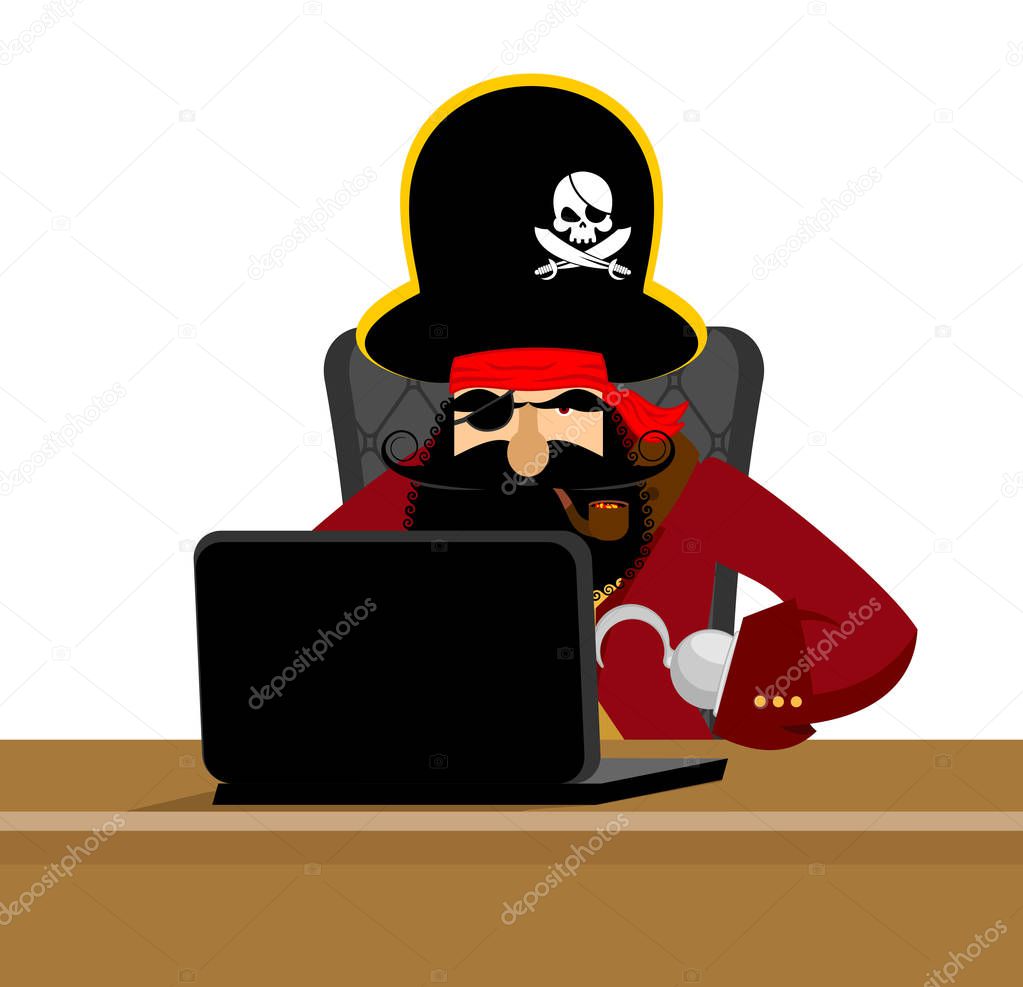 Web pirate and laptop. internet hacker and PC. buccaneer and com