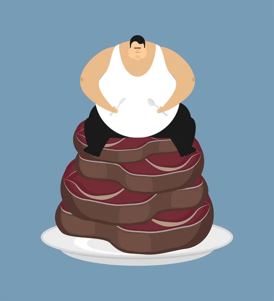 脂肪の男とステーキ。食いしん坊の厚い男と肉の部分。太っちょ ve — ストックベクタ
