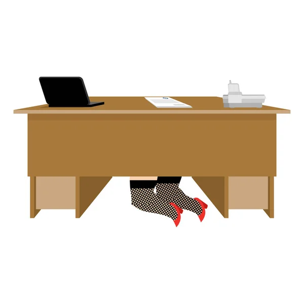 Prostitute under table. Whore is under office desk. Vector illus — Stock Vector