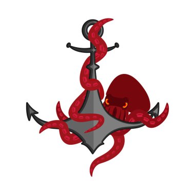 Ahtapot ve çapa. Devilfish ve gemi armatür. Vektör illustra